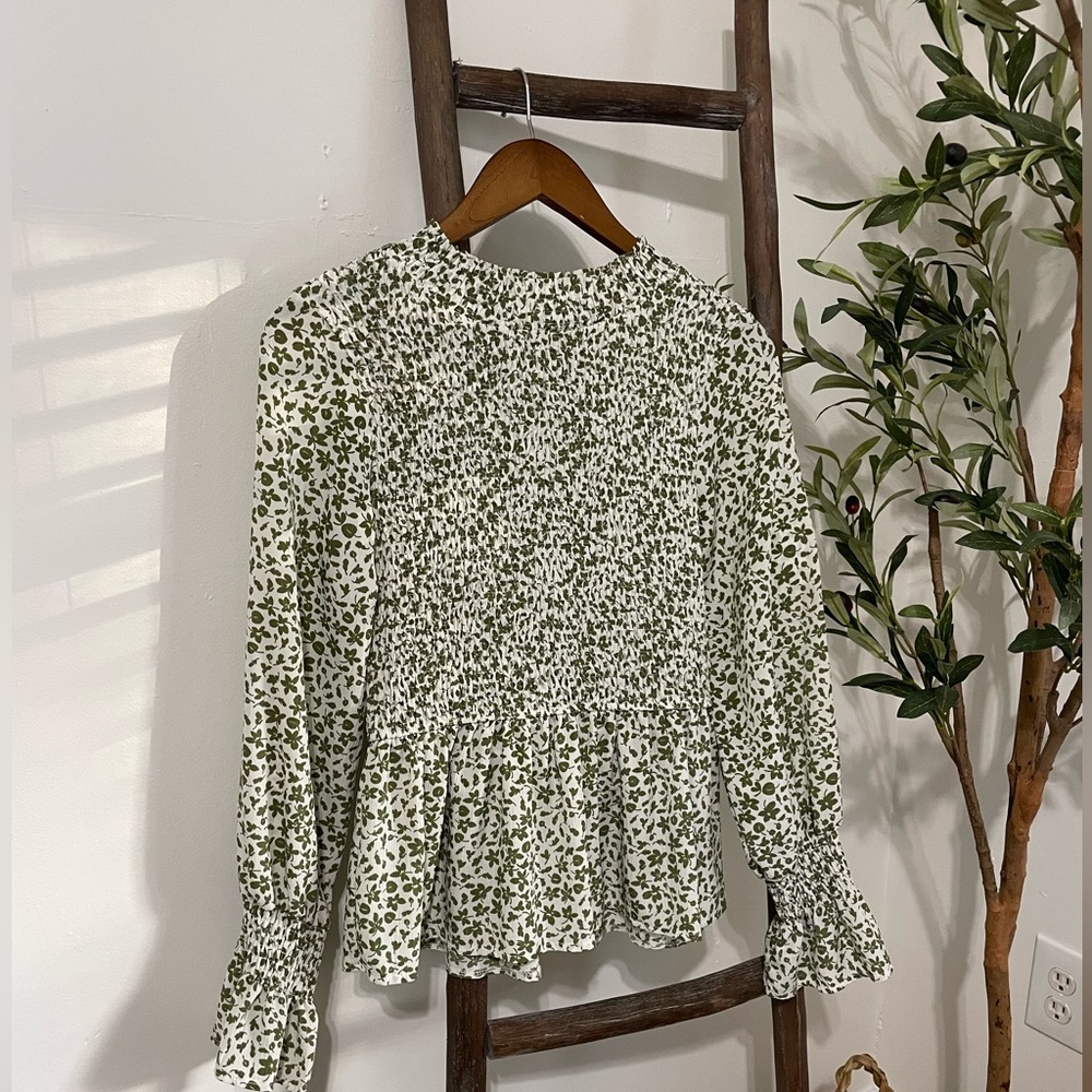 Smocked Green Floral Blouse